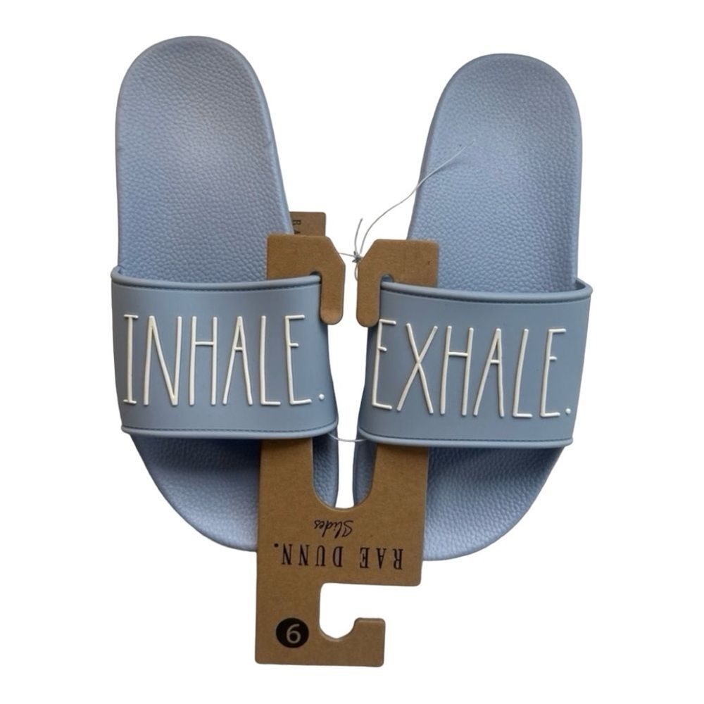 Rae Dunn Inhale Exhale Slides Sandals‎ Comfort Casual Blue Size 9